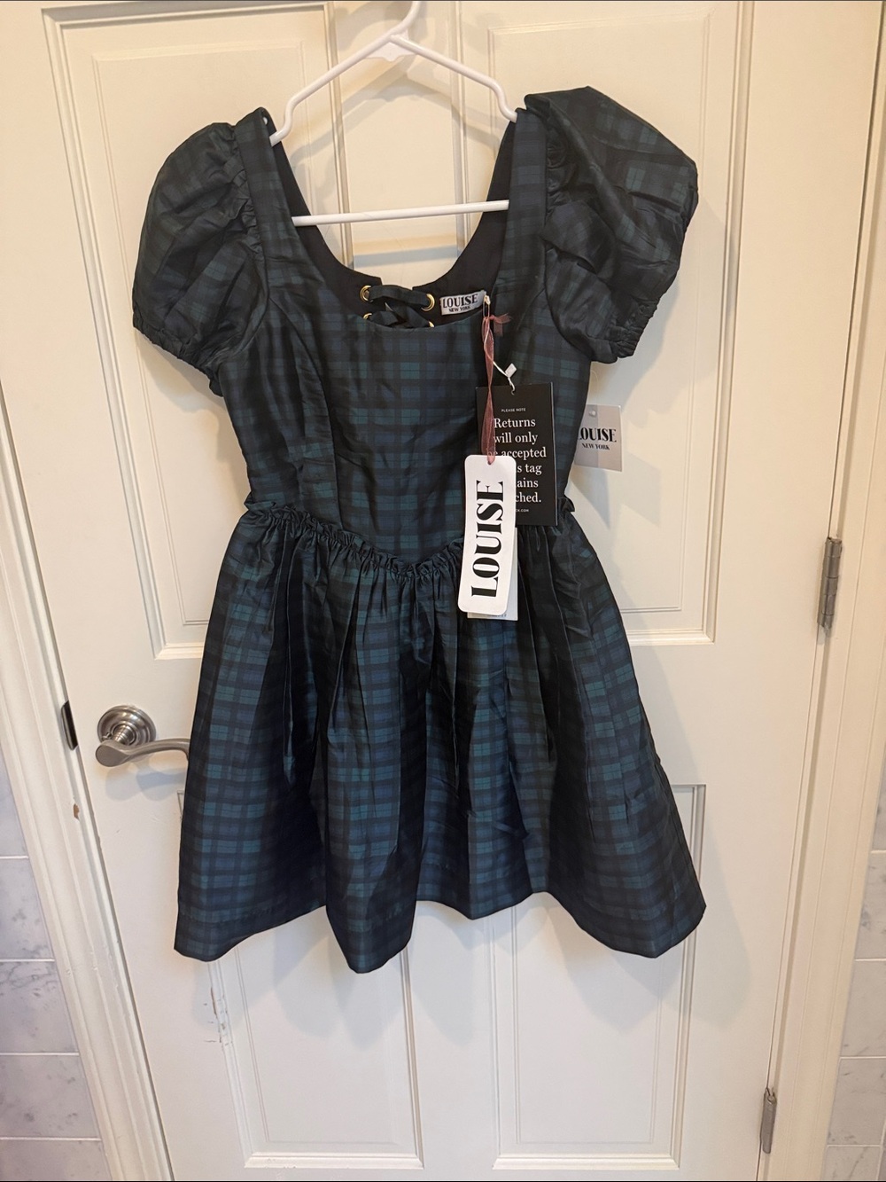 Louise Kids' Black and Dark Green Plaid Puff Sleeve Formal Dress